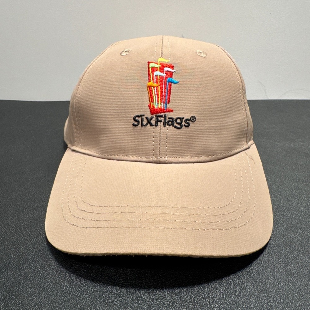 Six Flags Hat Cap Beige Amusement Park Strap Back OSFA Employee Logo Adult